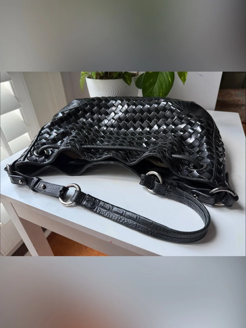 Brahmin Black Woven Leather Bucket/Drawstring Shoulder Bag